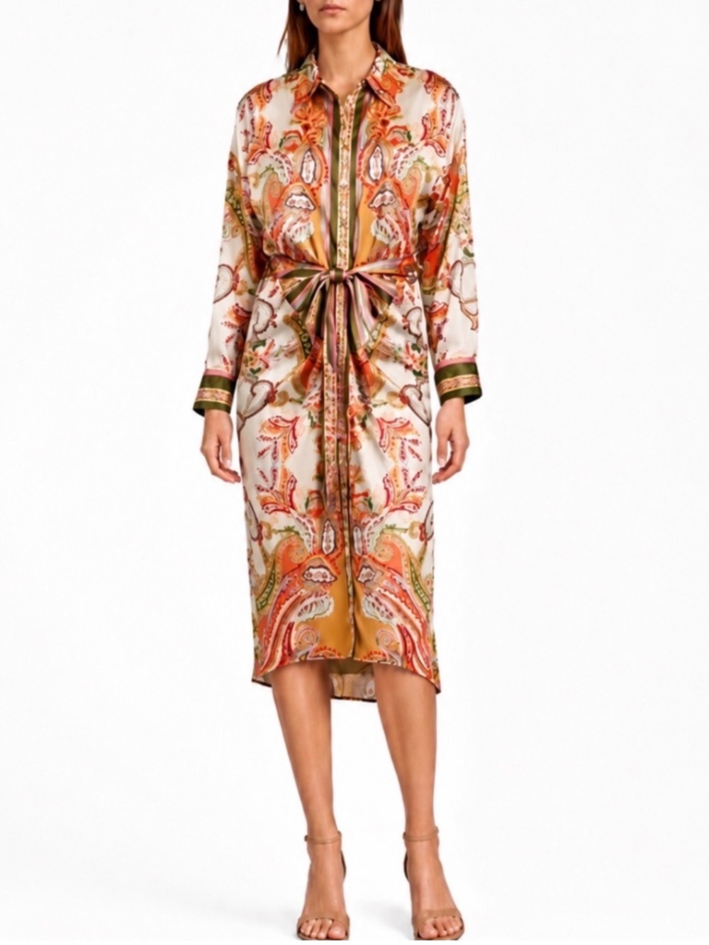 Antonio Melani Roxanne Paisley Satin Midi Shirt Dress Tie Waist Size 2
